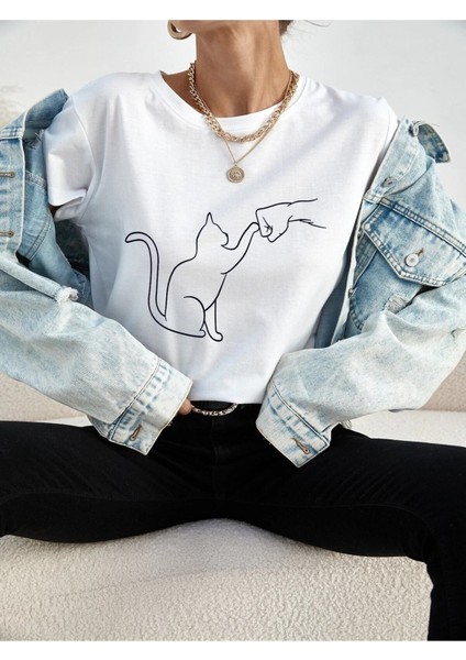Cat Baskılı Kadın Oversize Salas T-Shirt Boyfriend