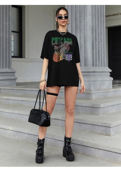 Siyah Oversize T-Shirt Chıcago Baskılı