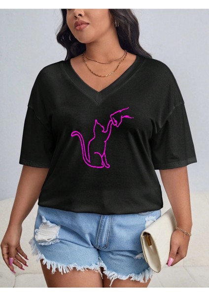 Kadın Baskılı Kadın Oversize V Yaka T-Shirt Salaş modelleri
