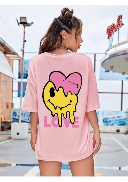 Pink Love Baskılı Pembe Oversize Salas Boyfriend Kadın T-Shirt Top Bluz