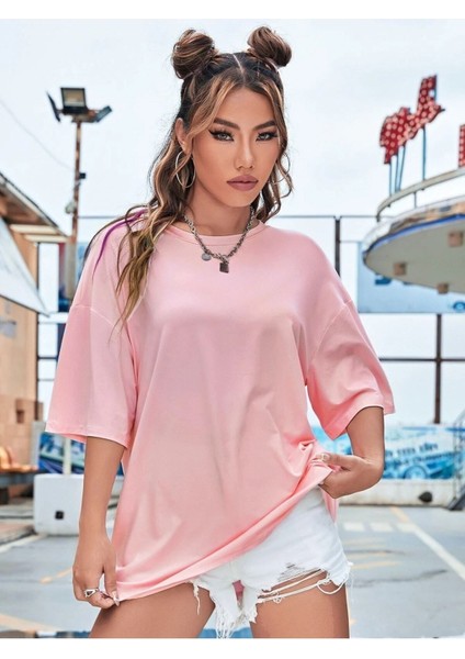 Pink Love Baskılı Pembe Oversize Salas Boyfriend Kadın T-Shirt Top Bluz fiyatları