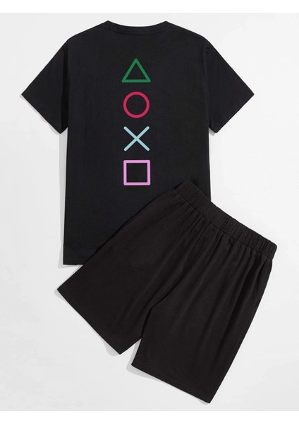 Unisex Siyah Playstation Oversize T-Shirt Şort ve Kombin