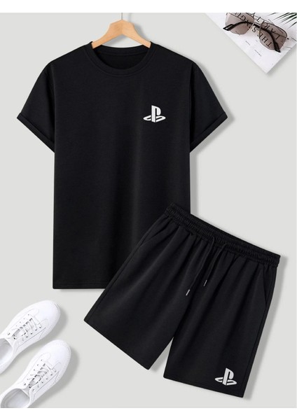 Unisex Siyah Playstation Oversize T-Shirt Şort ve Kombin