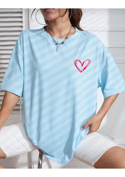 Kadın Tiny Heart Baskılı Kadın Oversize Salas T-Shirt