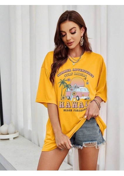 Surf Riders Baskılı Kadın Oversize T-Shirt Salaş Boyfirend