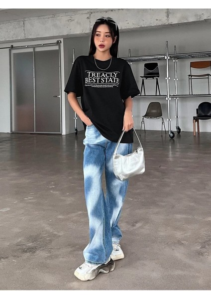 Siyah Best State Baskılı Oversize T-Shirt