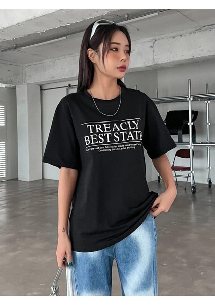 Siyah Best State Baskılı Oversize T-Shirt