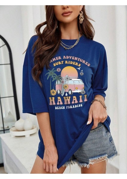 Surf Riders Baskılı Kadın Oversize T-Shirt Salaş Boyfirend