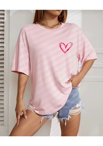 Kadın Tiny Heart Baskılı Kadın Oversize Salas T-Shirt fiyatları