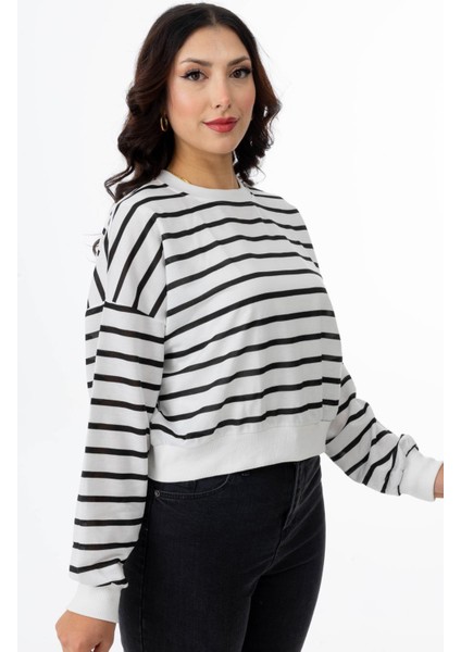 5949 Çizgili Kadın Sweatshirt Siyah