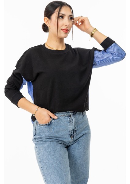 6040 Arka Garnili Kadın Sweatshirt Siyah