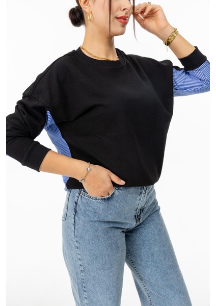 6040 Arka Garnili Kadın Sweatshirt Siyah