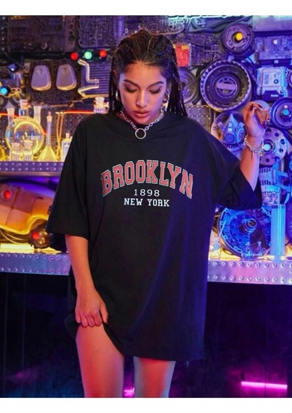 Unisex Oversize Siyah Brooklyn 1898 Tshirt