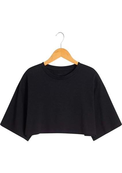 Kadın Siyah Basic Oversize Crop T-Shirt