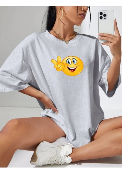 Emoji Baskılı Oversize Ünisex T-Shirt Salaş Boyfirend