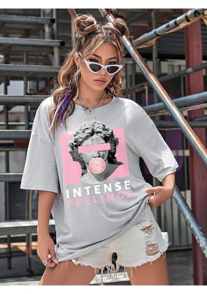 Intense Felling Baskılı Kadın Oversize Salas T-Shirt Boyfriend