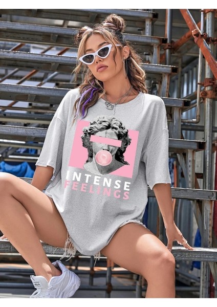 Intense Felling Baskılı Kadın Oversize Salas T-Shirt Boyfriend modelleri