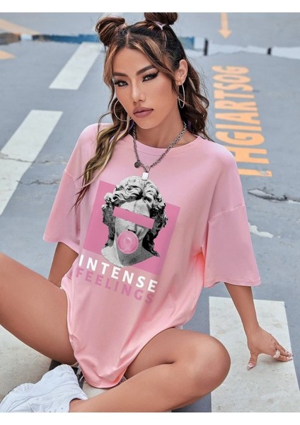 Intense Felling Baskılı Kadın Oversize Salas T-Shirt Boyfriend modelleri