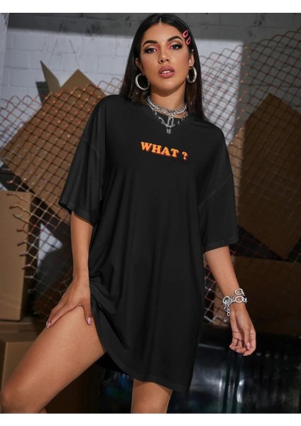 What? Baskılı Siyah Oversize T-Shirt Salaş Boyfirend