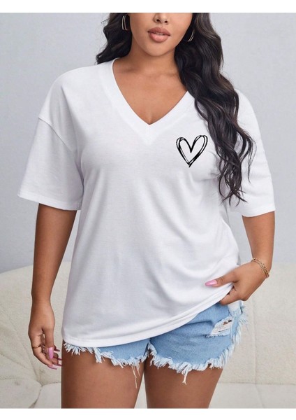 Kadın V Yaka Baskılı & Düz Beyaz Oversize T-Shirt Salaş Boyfirend