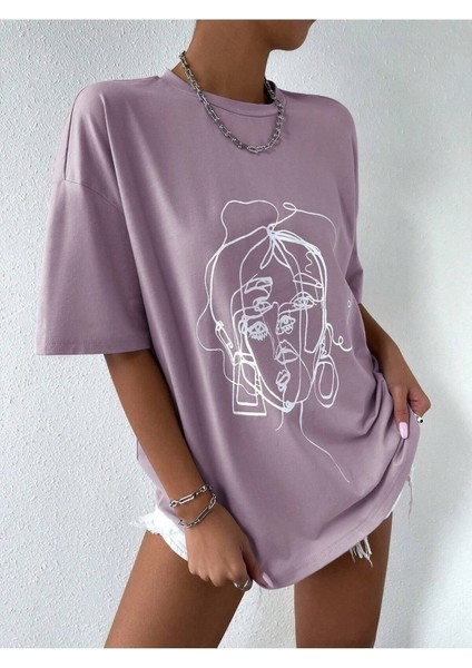 Çizgi Yüz Baskılı Kadın Oversize T-Shirt Salaş Boyfirend