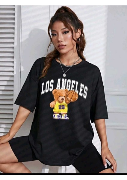 Kadın Losangel 23 Baskılı Oversize Salaş Bej T-Shirt Ünisex Boyfirend
