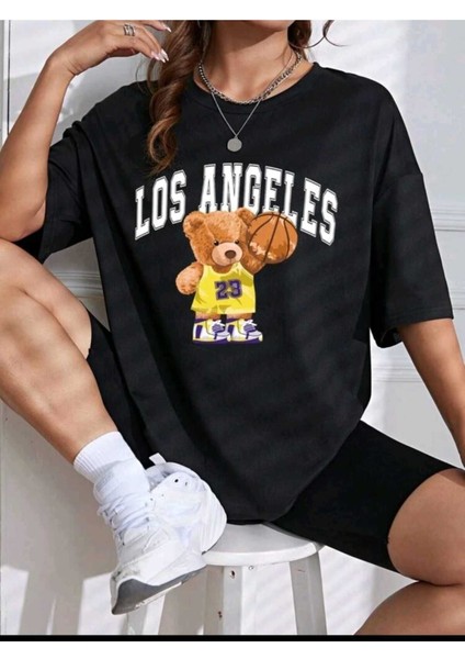 Kadın Losangel 23 Baskılı Oversize Salaş Bej T-Shirt Ünisex Boyfirend modelleri