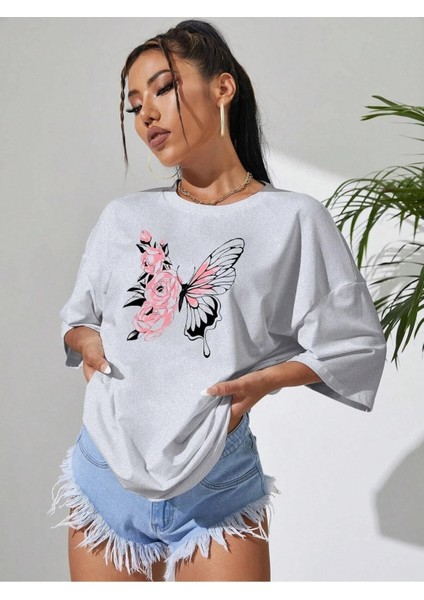 Kelebek Baskılı Kadın Oversize Gri Salas T-Shirt Boyfriend