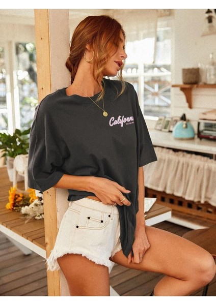 Füme California Baskılı Oversize T-Shirt