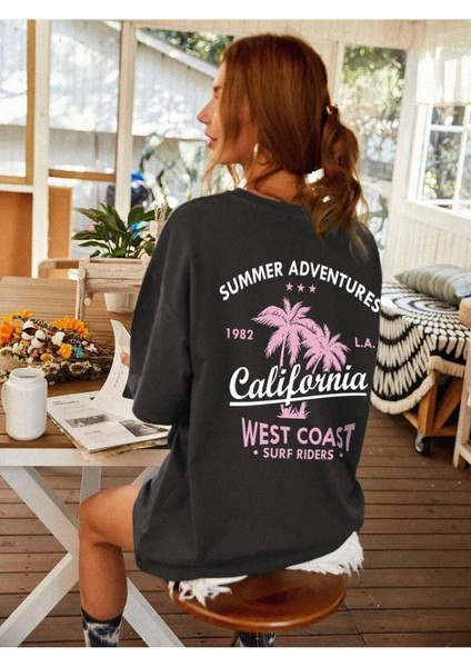 Füme California Baskılı Oversize T-Shirt