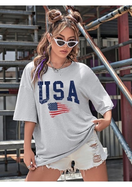 Usa Amerika Baskılı Füme Oversize T-Shirt Salaş Boyfirend