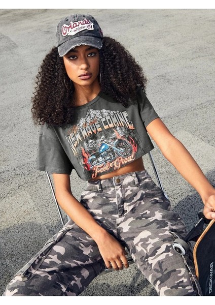 Kadın Oversize Crop New Wave Comine Baskılı