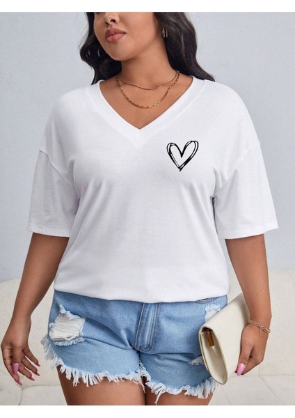Kadın V Yaka Baskılı & Düz Beyaz Oversize T-Shirt Salaş Boyfirend modelleri