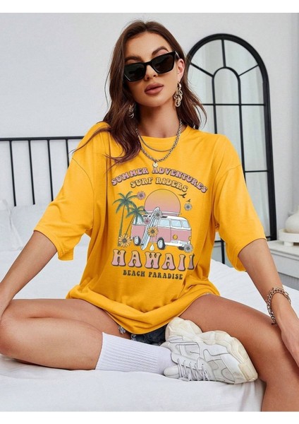Surf Riders Baskılı Kadın Oversize T-Shirt Salaş Boyfirend modelleri