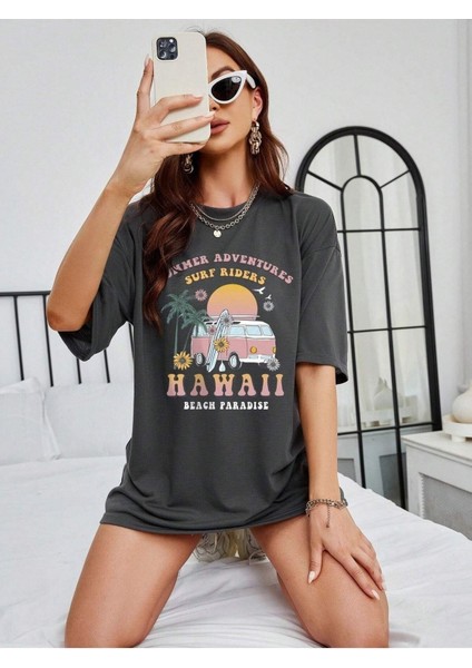 Surf Riders Baskılı Kadın Oversize T-Shirt Salaş Boyfirend modelleri