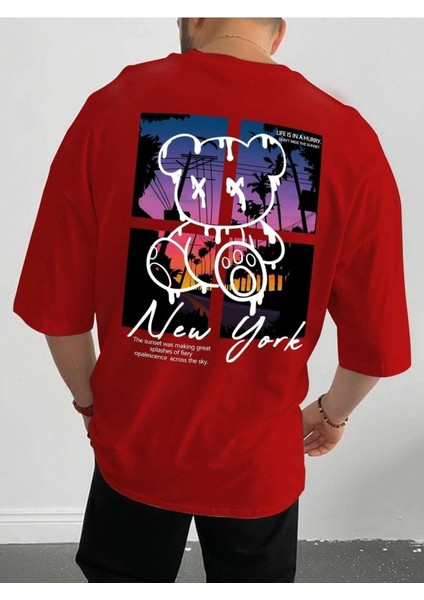 Bear New York Baskılı Oversize Erkek T-Shirt Salaş Boyfirend