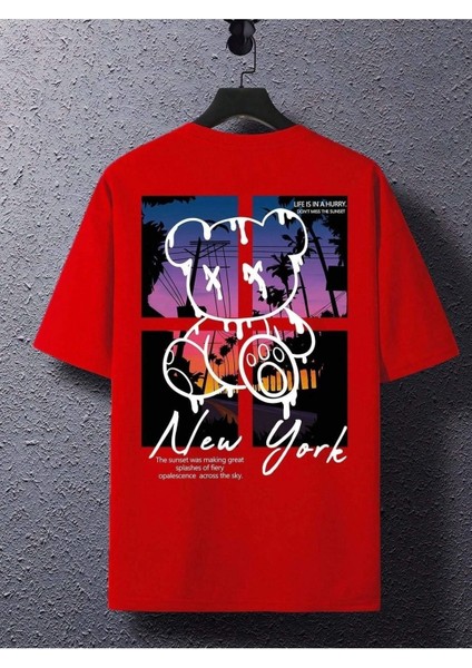 Bear New York Baskılı Oversize Erkek T-Shirt Salaş Boyfirend