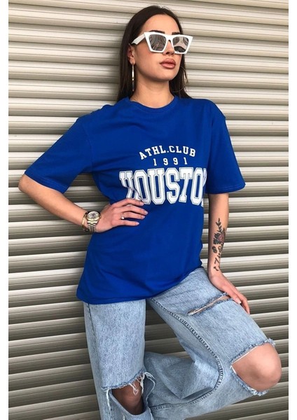 Houston Baskılı Kadın Oversize Saks Mavi Salas T-Shirt Boyfriend