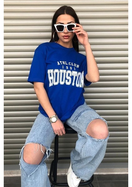 Houston Baskılı Kadın Oversize Saks Mavi Salas T-Shirt Boyfriend modelleri