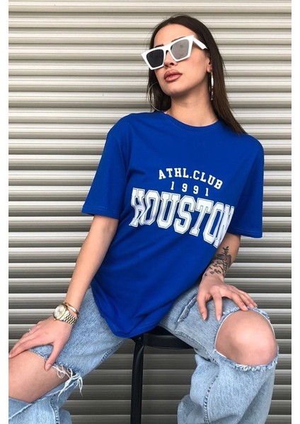 Houston Baskılı Kadın Oversize Saks Mavi Salas T-Shirt Boyfriend fırsatları