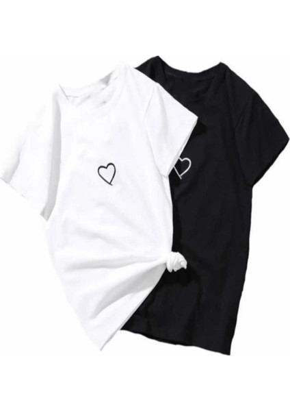 Kalp Baskılı 2'li Takım Kombin Oversize Salas T-Shirt Boyfriend fiyatları