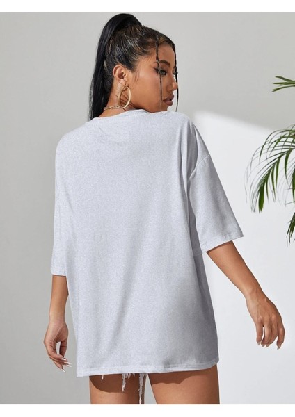 Kelebek Baskılı Kadın Oversize Gri Salas T-Shirt Boyfriend modelleri