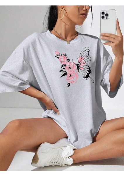 Kelebek Baskılı Kadın Oversize Gri Salas T-Shirt Boyfriend fırsatları