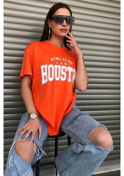 Houston Baskılı Kadın Oversize Turuncu Salas T-Shirt Boyfriend