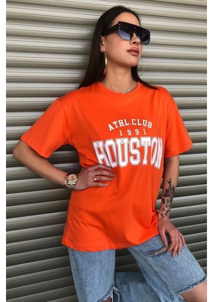 Houston Baskılı Kadın Oversize Turuncu Salas T-Shirt Boyfriend modelleri