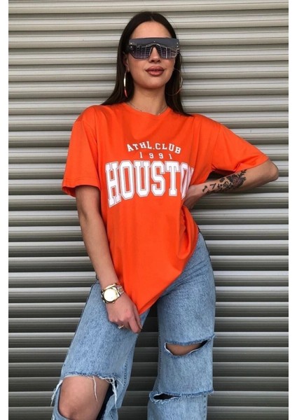 Houston Baskılı Kadın Oversize Turuncu Salas T-Shirt Boyfriend fırsatları
