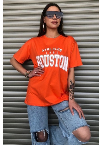 Houston Baskılı Kadın Oversize Turuncu Salas T-Shirt Boyfriend indirimleri