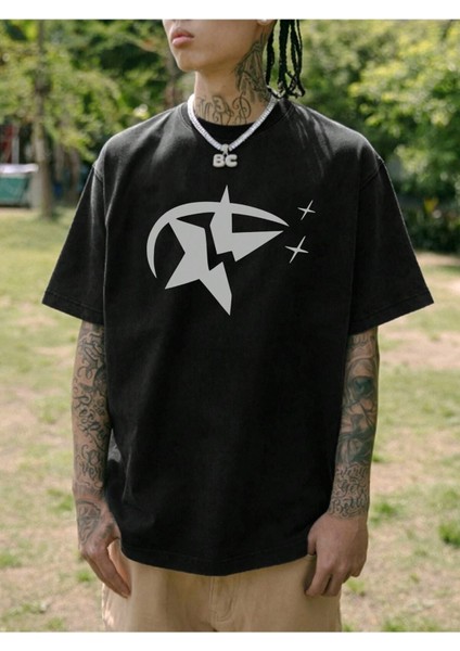 Star Baskılı Oversize Erkek T-Shirt Salaş Boyfirend