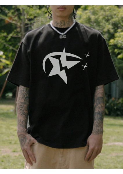 Star Baskılı Oversize Erkek T-Shirt Salaş Boyfirend