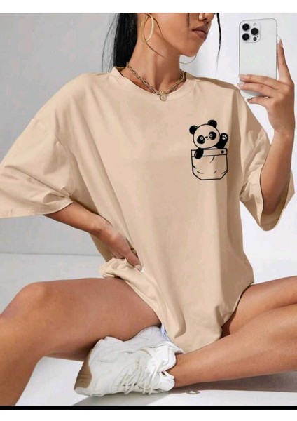 Kadın Cep Panda Baskılı Oversize Salaş T-Shirt Ünisex Boyfirend